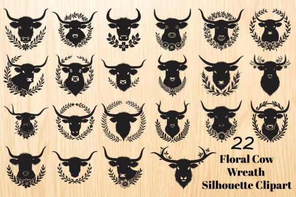 Floral Cow Wreath Silhouette Clipart
