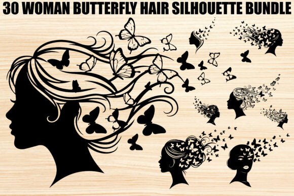 Woman Butterfly Hair Silhouette: Elegant Vector Bundle
